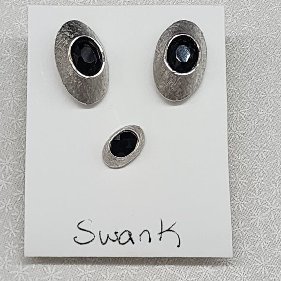 Vintage Swank Mens Silver Oval Onyx Cufflinks & Tie Tack Jewelry Set - Picture 1 of 4